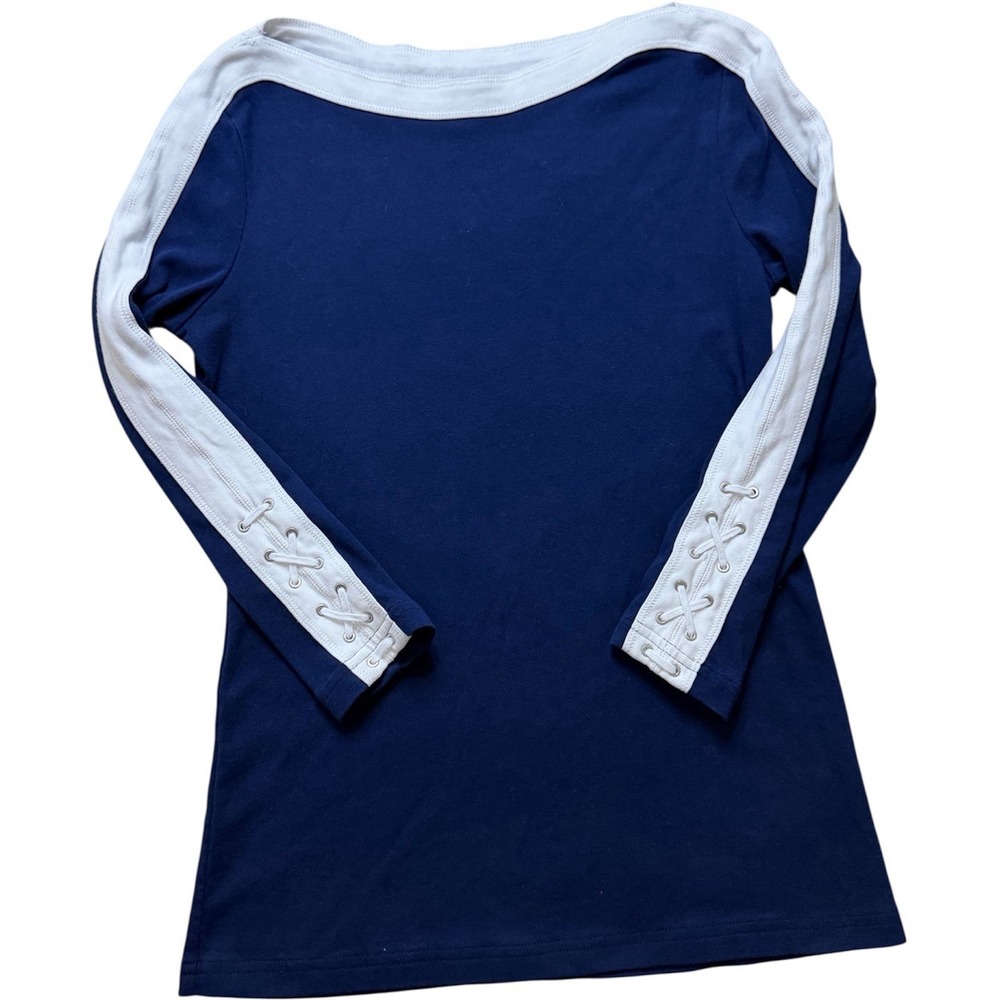 Chaps Navy Blue Boat Neck Top White Trim Lace Up Sleeve Long Sleeve Women's SM